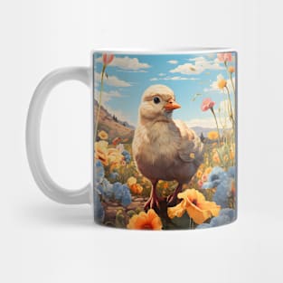 Retro Vintage Art Style Baby Chick in Field of Wild Flowers - Whimsical Farm Mug